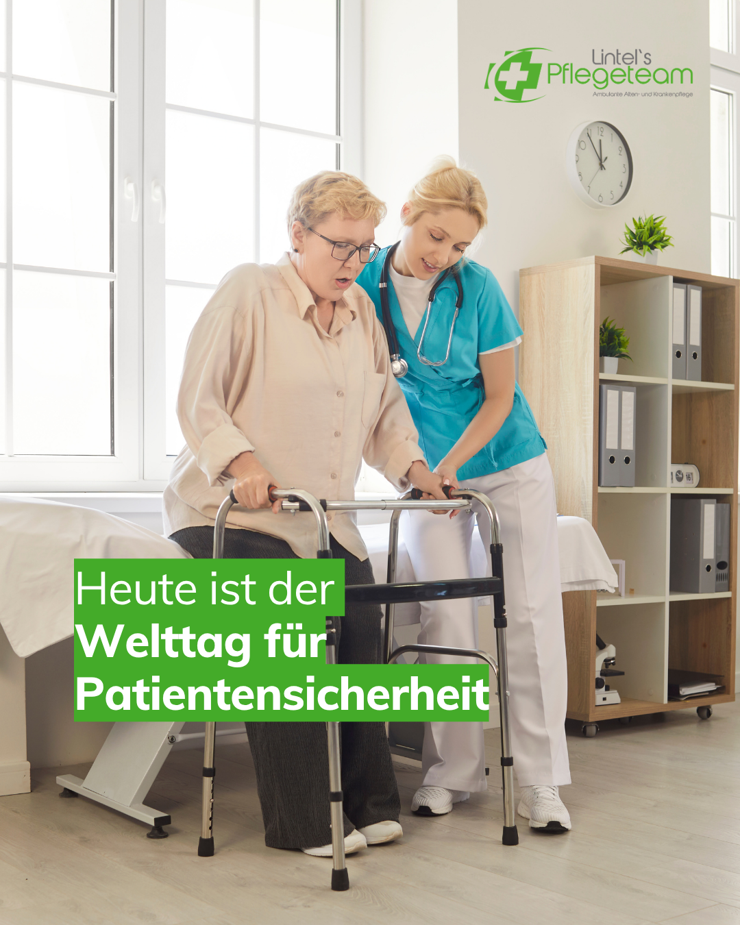 Das Bild zeigt eine Pflegekraft die sich gut um eine ältere Frau mit Rollator kümmert, symbolisch für: Welttag für Patientensicherheit Warum Sicherheit im Pflegealltag beginnt